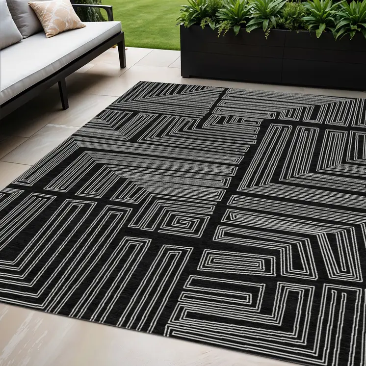 5' X 8' Black And Ivory Geometric Washable Indoor Outdoor Area Rug