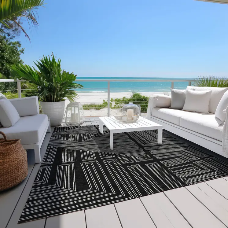 5' X 8' Black And Ivory Geometric Washable Indoor Outdoor Area Rug