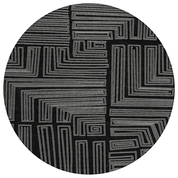 8' Black And Ivory Round Geometric Washable Indoor Outdoor Area Rug