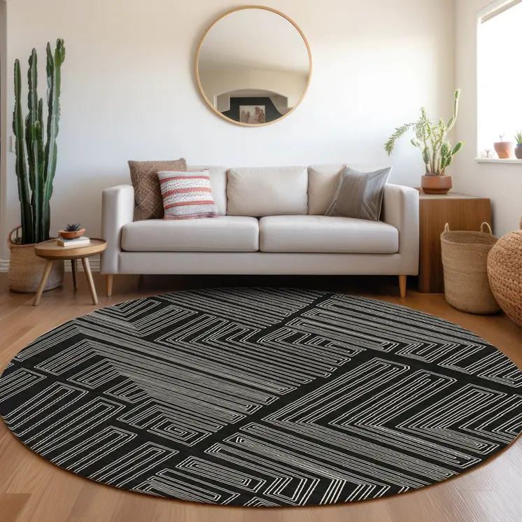 8' Black And Ivory Round Geometric Washable Indoor Outdoor Area Rug