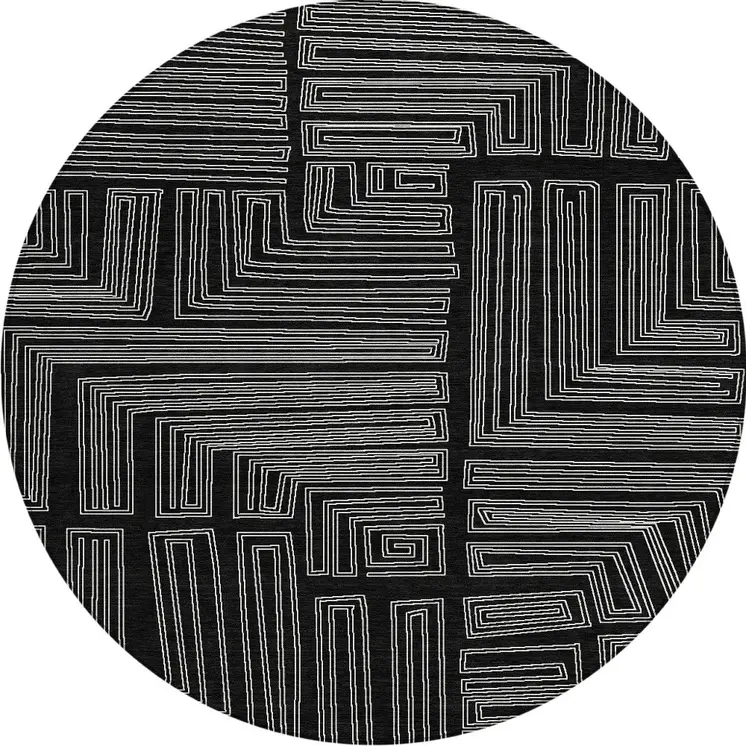 8' Black And Ivory Round Geometric Washable Indoor Outdoor Area Rug