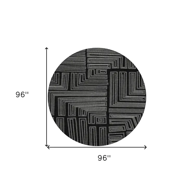 8' Black And Ivory Round Geometric Washable Indoor Outdoor Area Rug