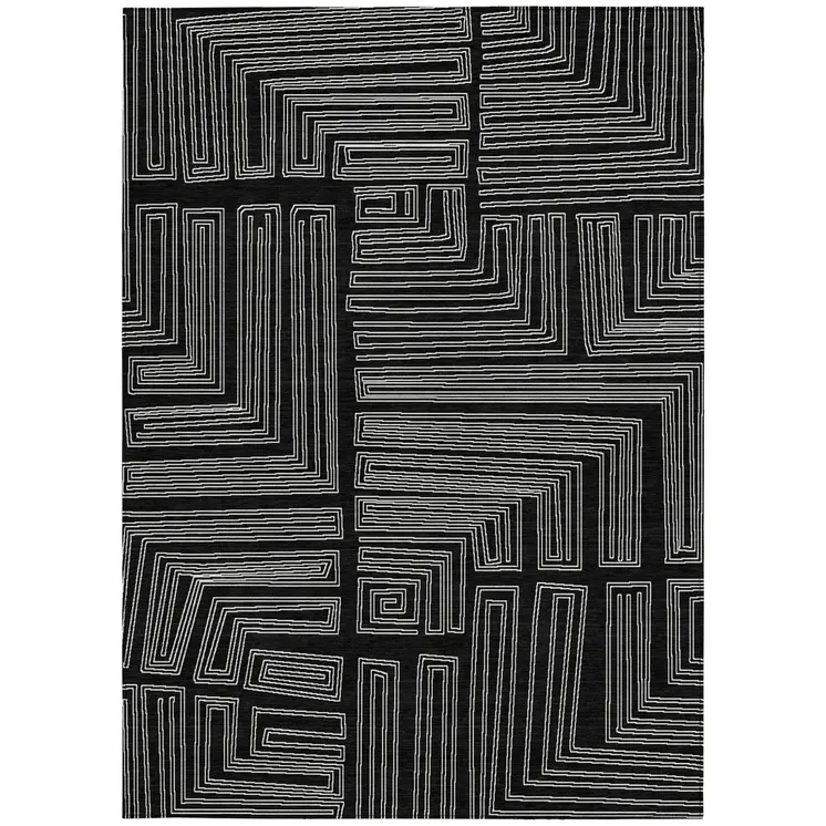 9' X 12' Black And Ivory Geometric Washable Indoor Outdoor Area Rug