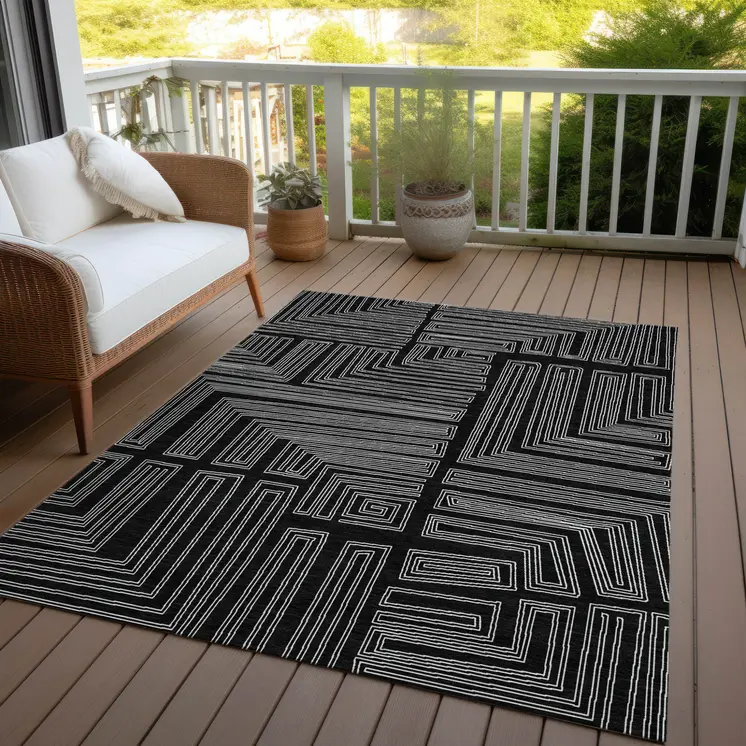 9' X 12' Black And Ivory Geometric Washable Indoor Outdoor Area Rug