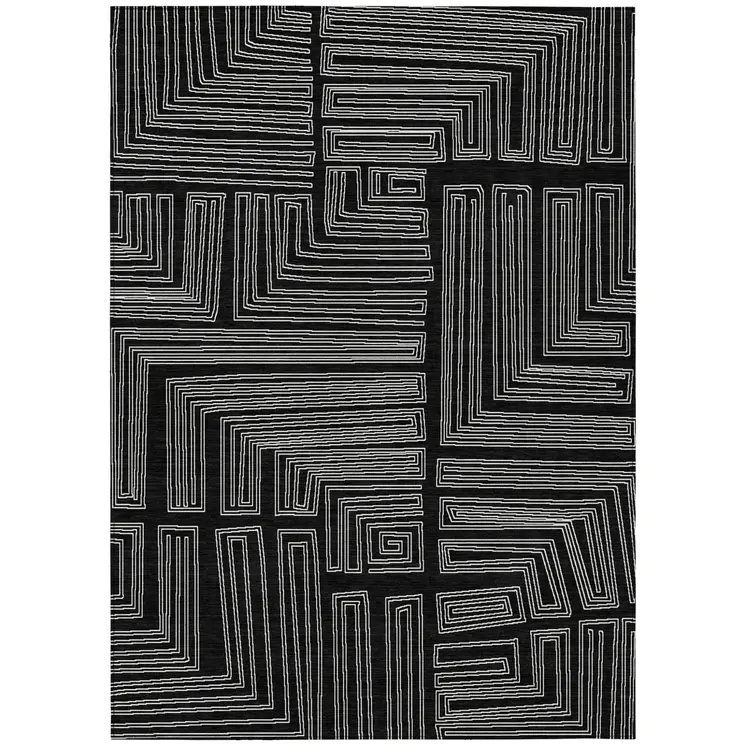 9' X 12' Black And Ivory Geometric Washable Indoor Outdoor Area Rug