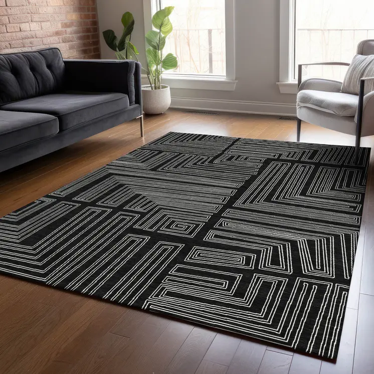 9' X 12' Black And Ivory Geometric Washable Indoor Outdoor Area Rug