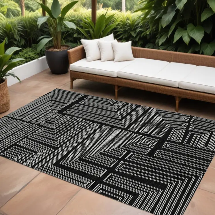 10' X 14' Black And Ivory Geometric Washable Indoor Outdoor Area Rug