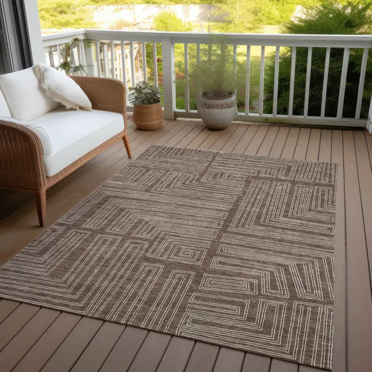 5' X 8' Brown And Ivory Geometric Washable Indoor Outdoor Area Rug