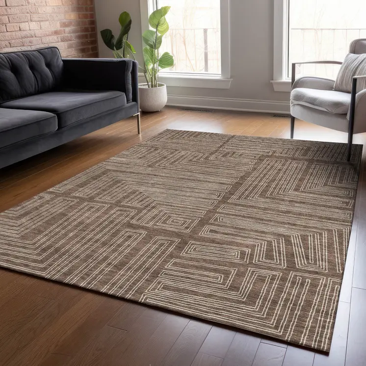 10' X 14' Brown And Ivory Geometric Washable Indoor Outdoor Area Rug