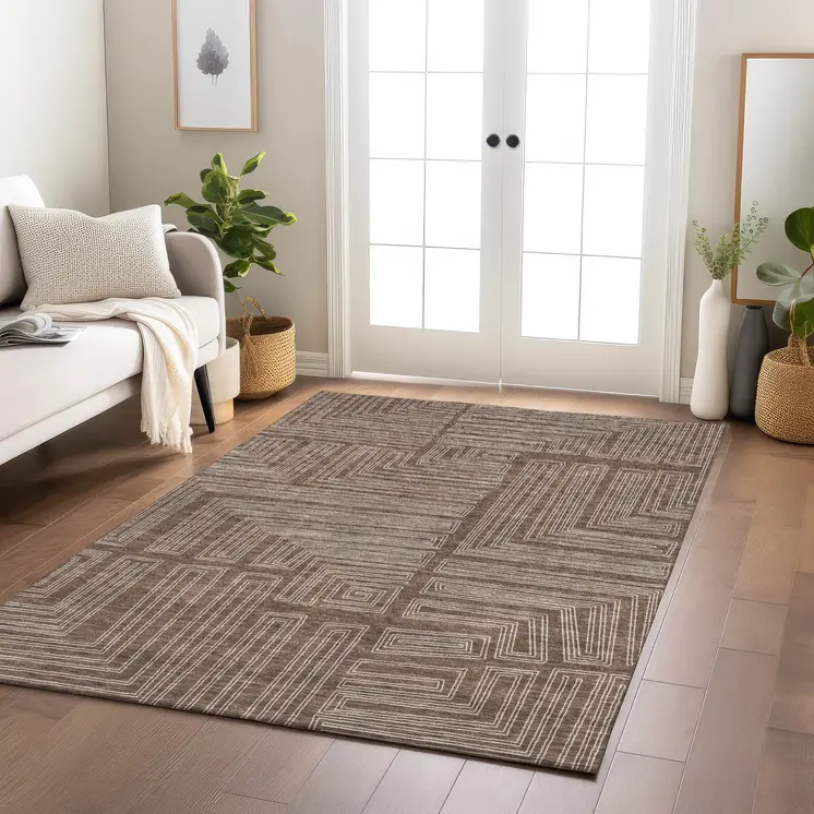 10' X 14' Brown And Ivory Geometric Washable Indoor Outdoor Area Rug