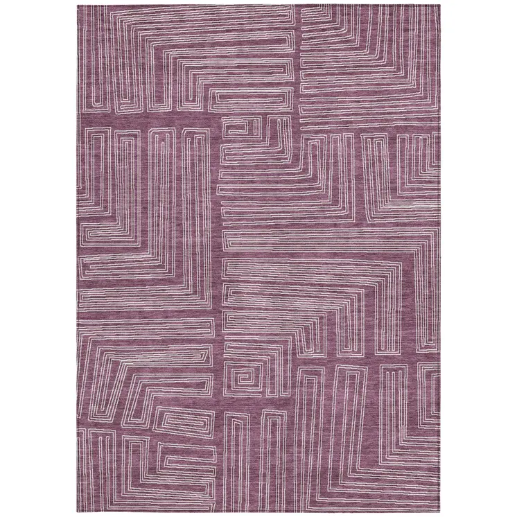 5' X 8' Eggplant And Ivory Geometric Washable Indoor Outdoor Area Rug