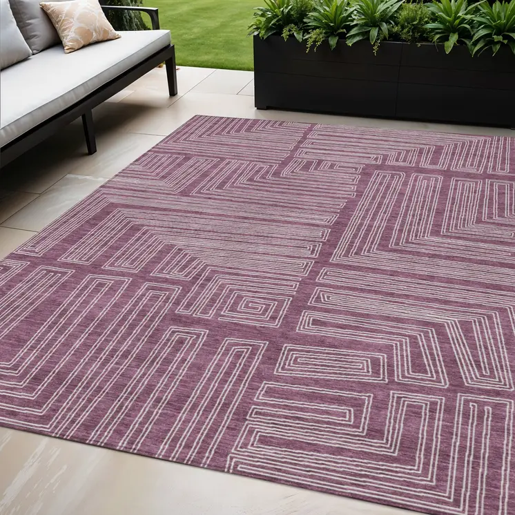 5' X 8' Eggplant And Ivory Geometric Washable Indoor Outdoor Area Rug