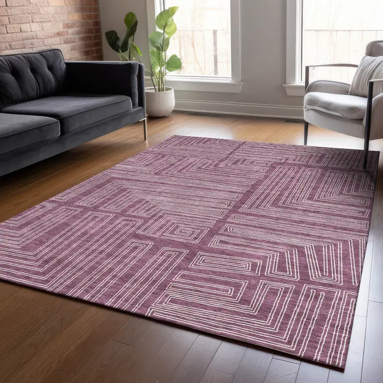 5' X 8' Eggplant And Ivory Geometric Washable Indoor Outdoor Area Rug