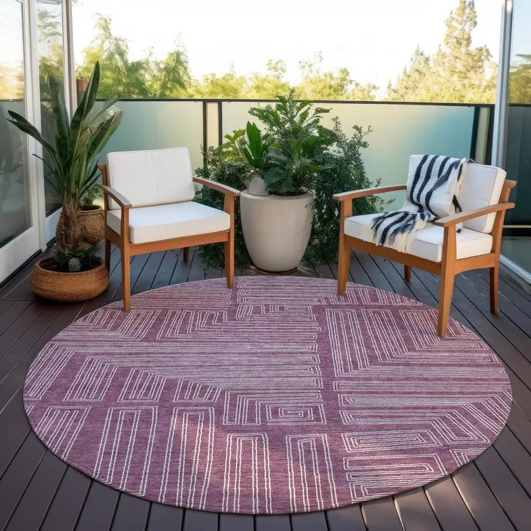 8' Eggplant And Ivory Round Geometric Washable Indoor Outdoor Area Rug