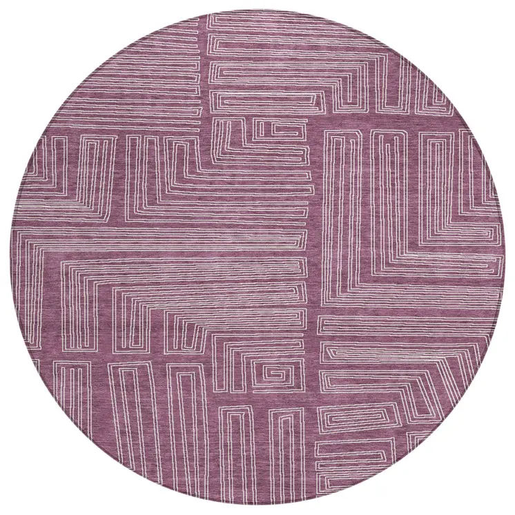 8' Eggplant And Ivory Round Geometric Washable Indoor Outdoor Area Rug