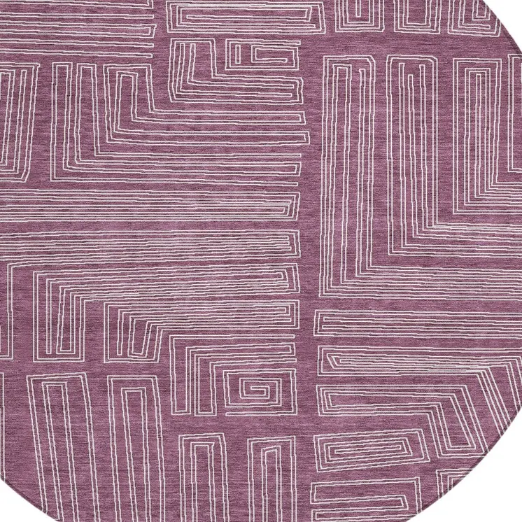 8' Eggplant And Ivory Round Geometric Washable Indoor Outdoor Area Rug