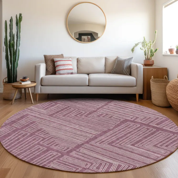 8' Eggplant And Ivory Round Geometric Washable Indoor Outdoor Area Rug