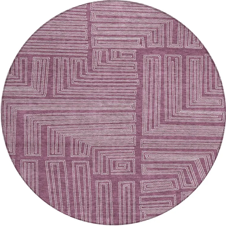 8' Eggplant And Ivory Round Geometric Washable Indoor Outdoor Area Rug