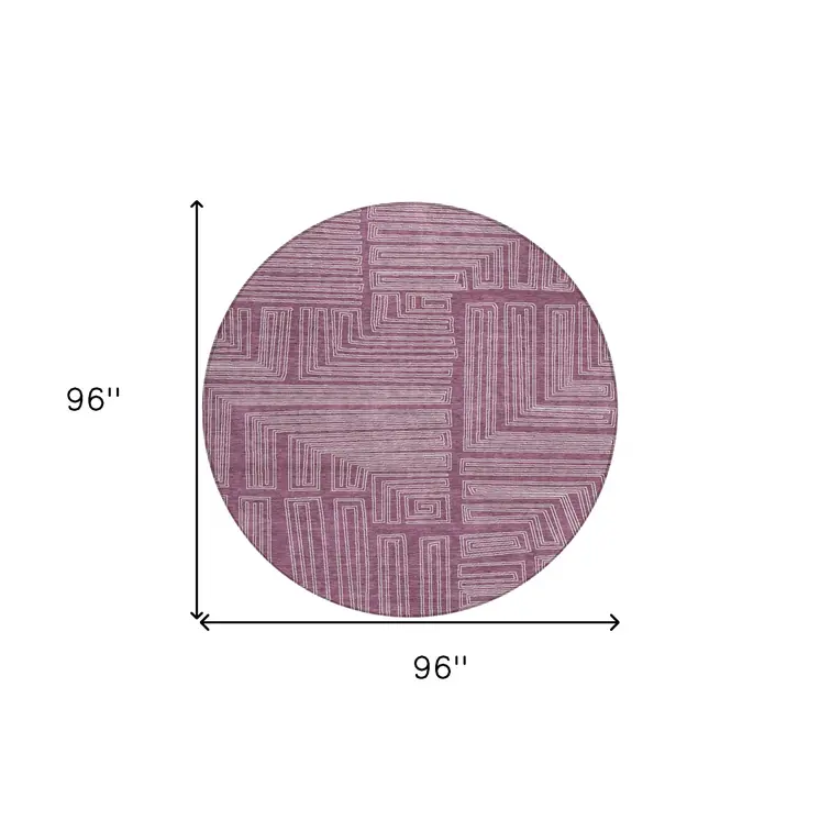 8' Eggplant And Ivory Round Geometric Washable Indoor Outdoor Area Rug