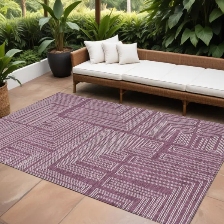 9' X 12' Eggplant And Ivory Geometric Washable Indoor Outdoor Area Rug