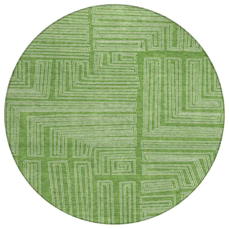 8' Green And Ivory Round Geometric Washable Indoor Outdoor Area Rug