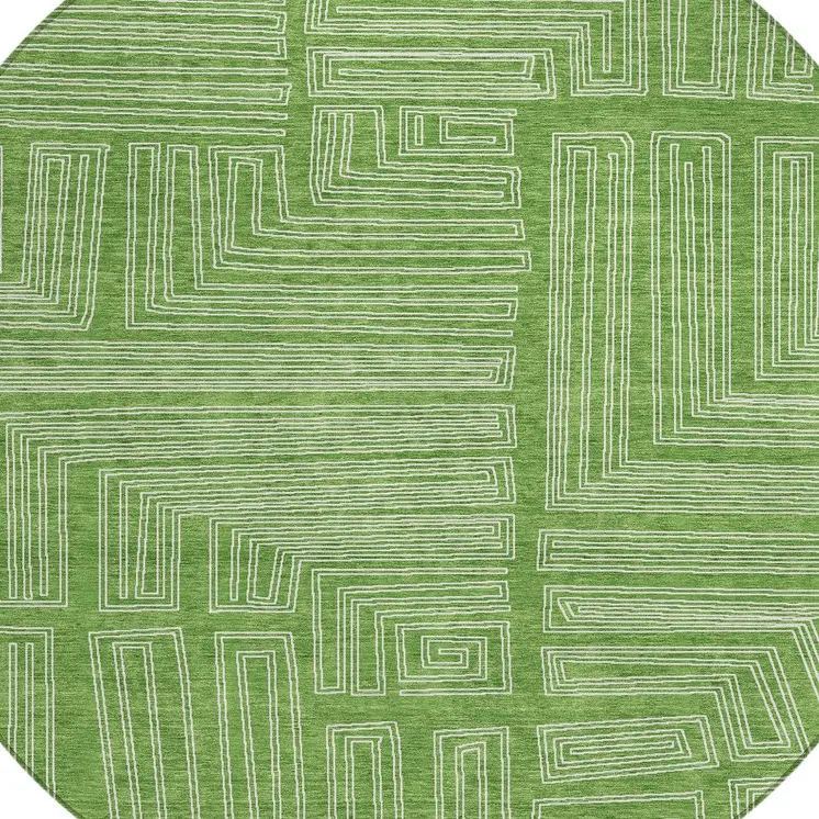 8' Green And Ivory Round Geometric Washable Indoor Outdoor Area Rug