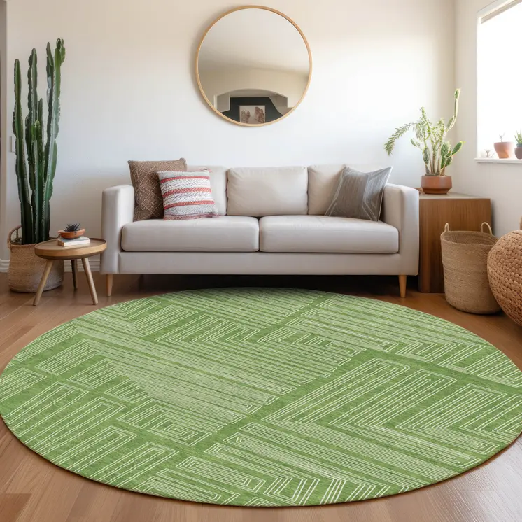 8' Green And Ivory Round Geometric Washable Indoor Outdoor Area Rug