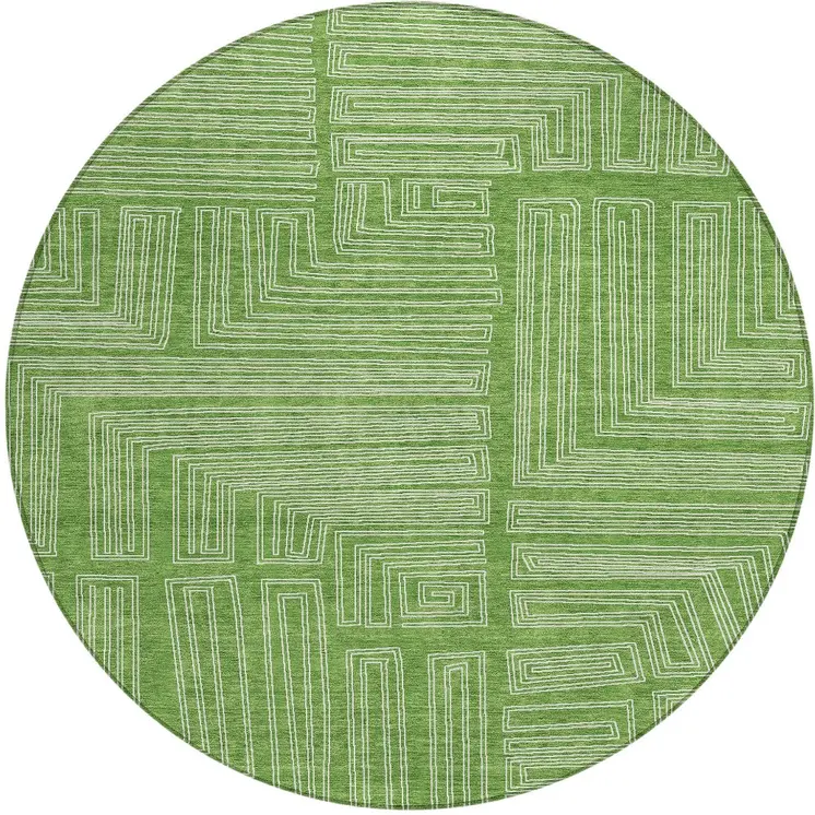 8' Green And Ivory Round Geometric Washable Indoor Outdoor Area Rug