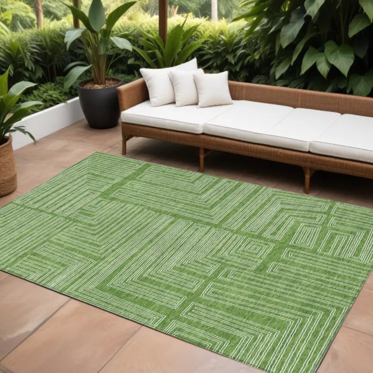 9' X 12' Green And Ivory Geometric Washable Indoor Outdoor Area Rug