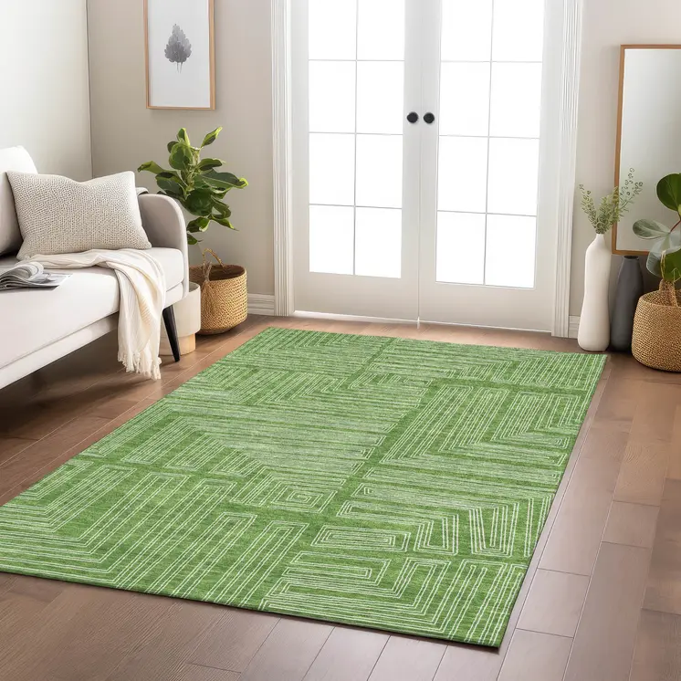 9' X 12' Green And Ivory Geometric Washable Indoor Outdoor Area Rug