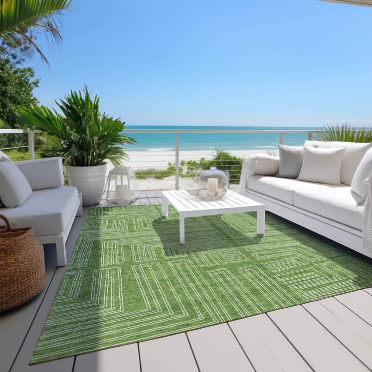 9' X 12' Green And Ivory Geometric Washable Indoor Outdoor Area Rug