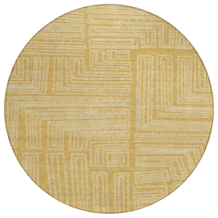 8' Gold And Ivory Round Geometric Washable Indoor Outdoor Area Rug