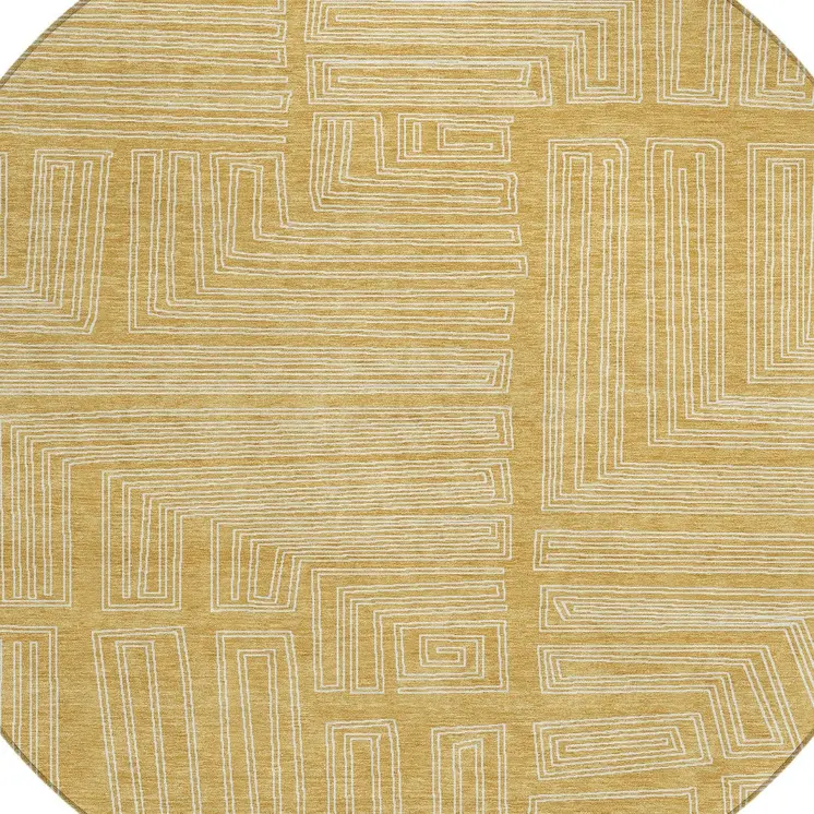 8' Gold And Ivory Round Geometric Washable Indoor Outdoor Area Rug