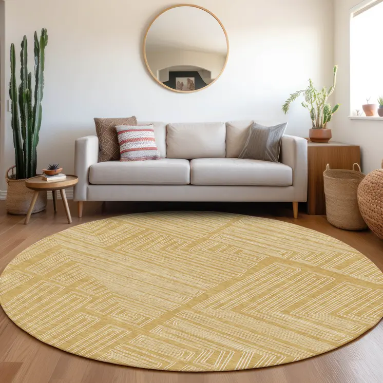 8' Gold And Ivory Round Geometric Washable Indoor Outdoor Area Rug