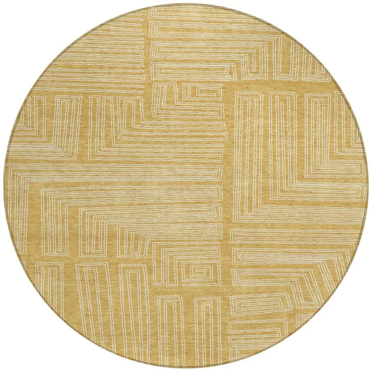 8' Gold And Ivory Round Geometric Washable Indoor Outdoor Area Rug