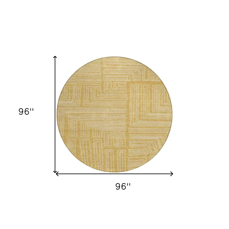 8' Gold And Ivory Round Geometric Washable Indoor Outdoor Area Rug