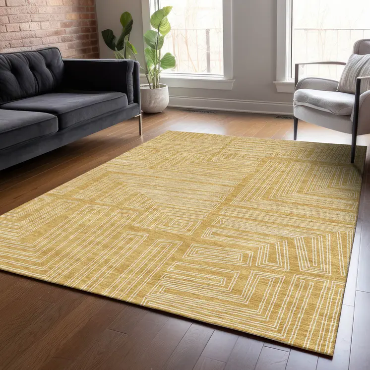 9' X 12' Gold And Ivory Geometric Washable Indoor Outdoor Area Rug