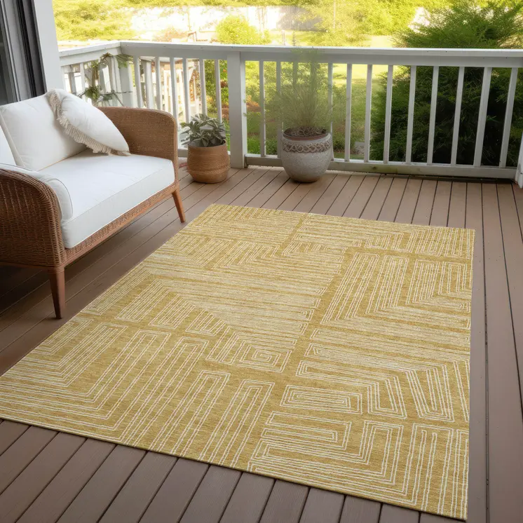 10' X 14' Gold And Ivory Geometric Washable Indoor Outdoor Area Rug