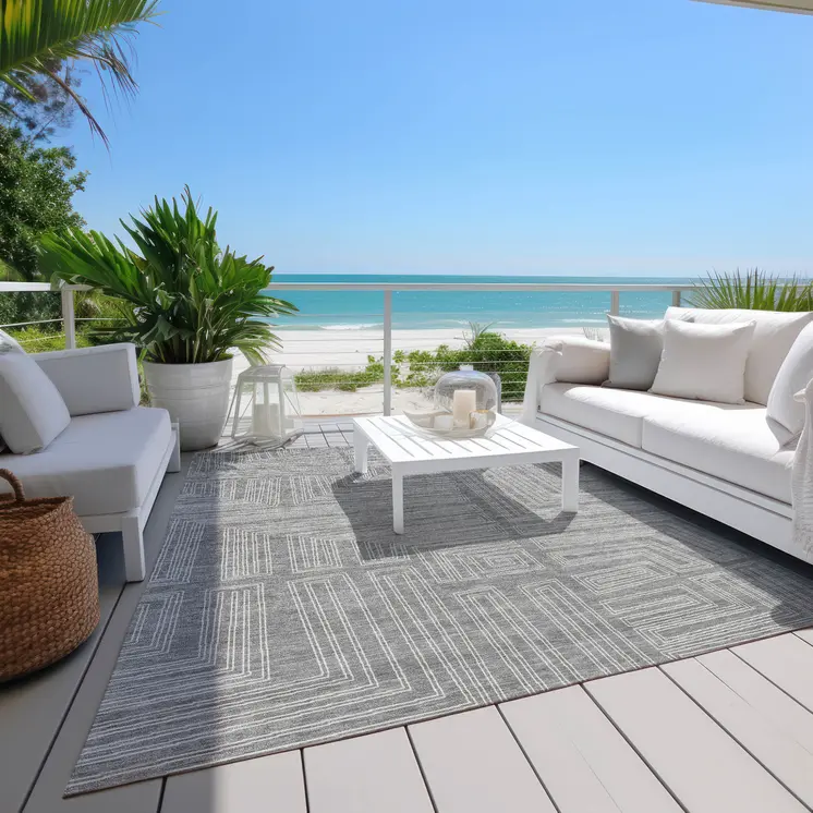 3' X 5' Gray And Ivory Geometric Washable Indoor Outdoor Area Rug