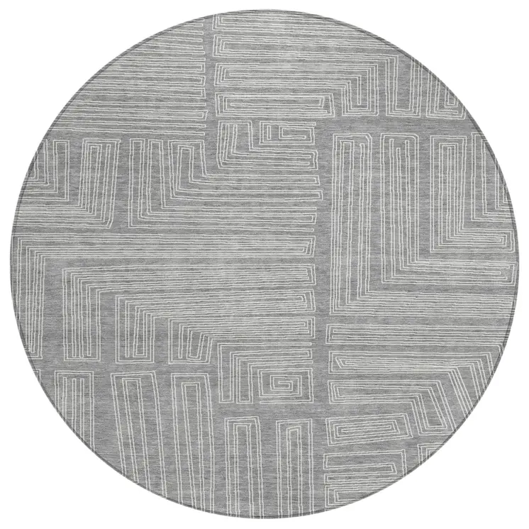 8' Gray And Ivory Round Geometric Washable Indoor Outdoor Area Rug