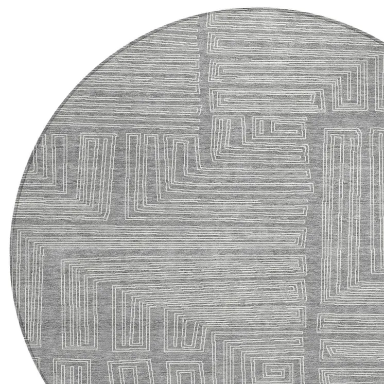 8' Gray And Ivory Round Geometric Washable Indoor Outdoor Area Rug