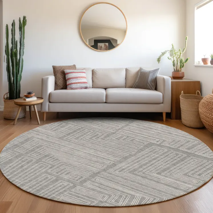 8' Gray And Ivory Round Geometric Washable Indoor Outdoor Area Rug