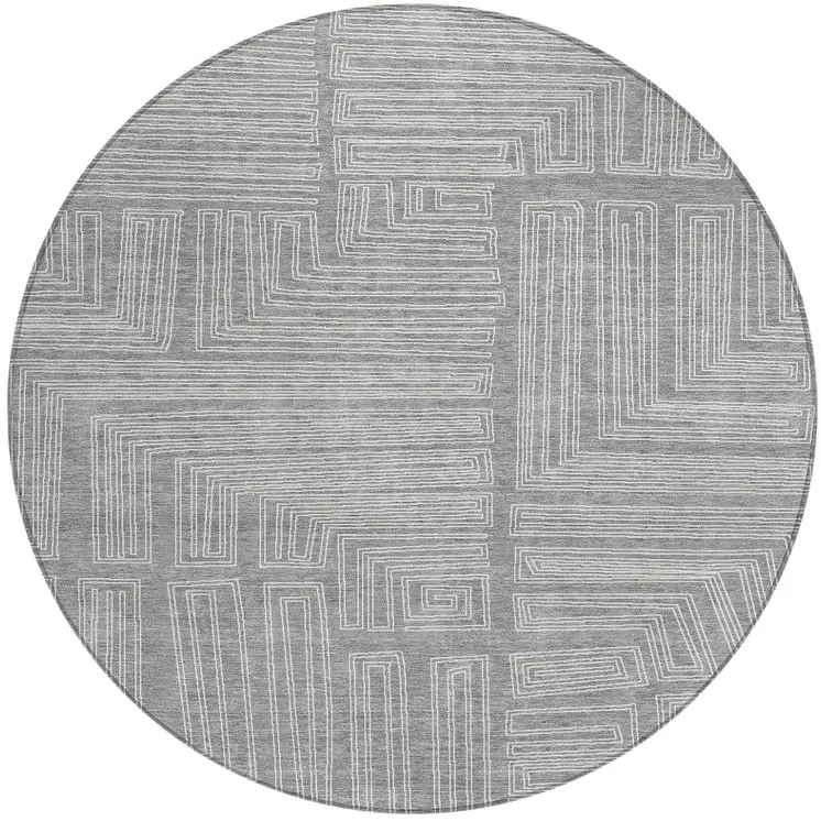 8' Gray And Ivory Round Geometric Washable Indoor Outdoor Area Rug