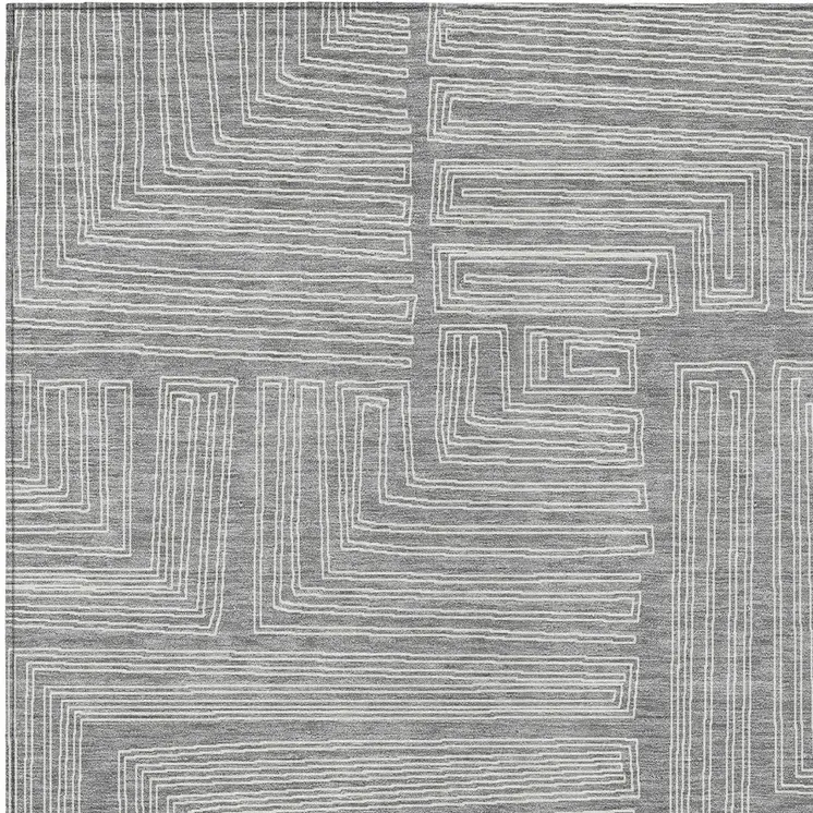 9' X 12' Gray And Ivory Geometric Washable Indoor Outdoor Area Rug