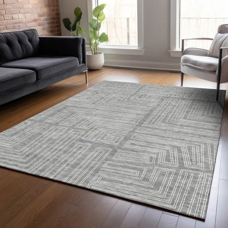10' X 14' Gray And Ivory Geometric Washable Indoor Outdoor Area Rug
