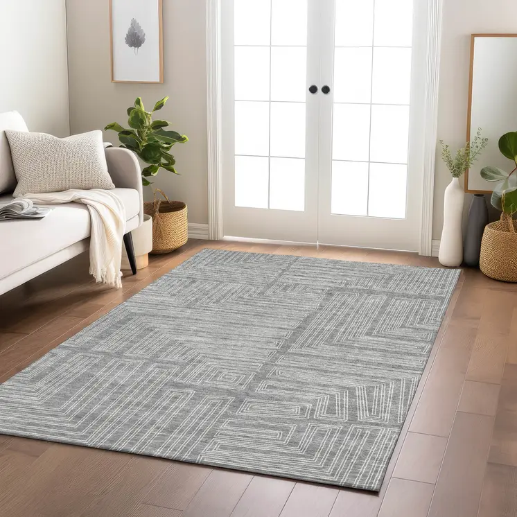 10' X 14' Gray And Ivory Geometric Washable Indoor Outdoor Area Rug
