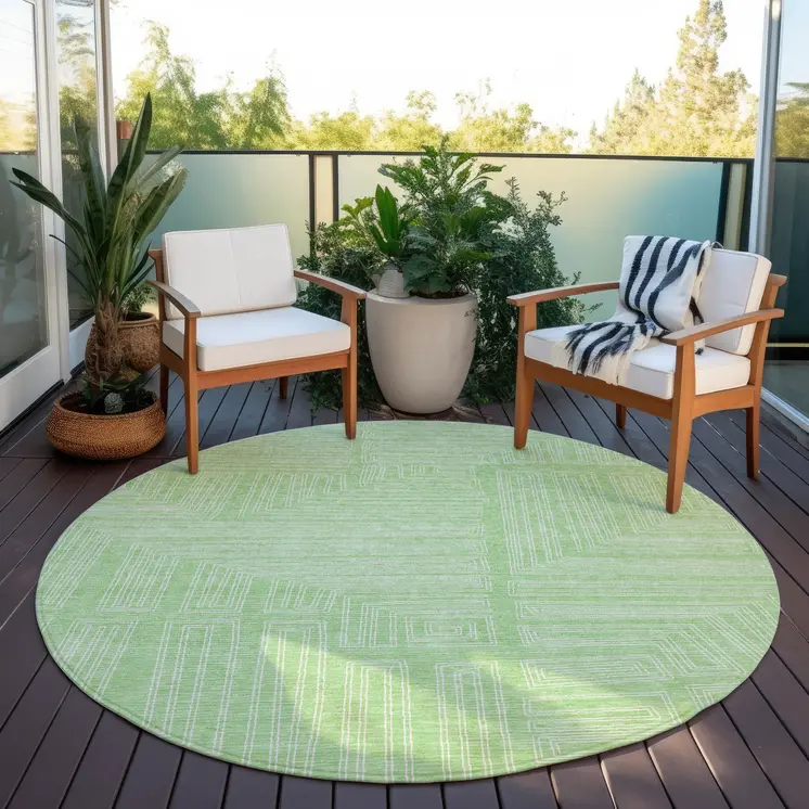 8' Mint Green And Ivory Round Geometric Washable Indoor Outdoor Area Rug