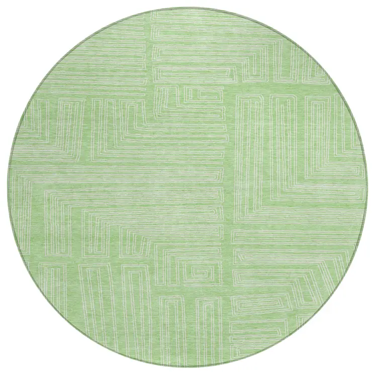 8' Mint Green And Ivory Round Geometric Washable Indoor Outdoor Area Rug