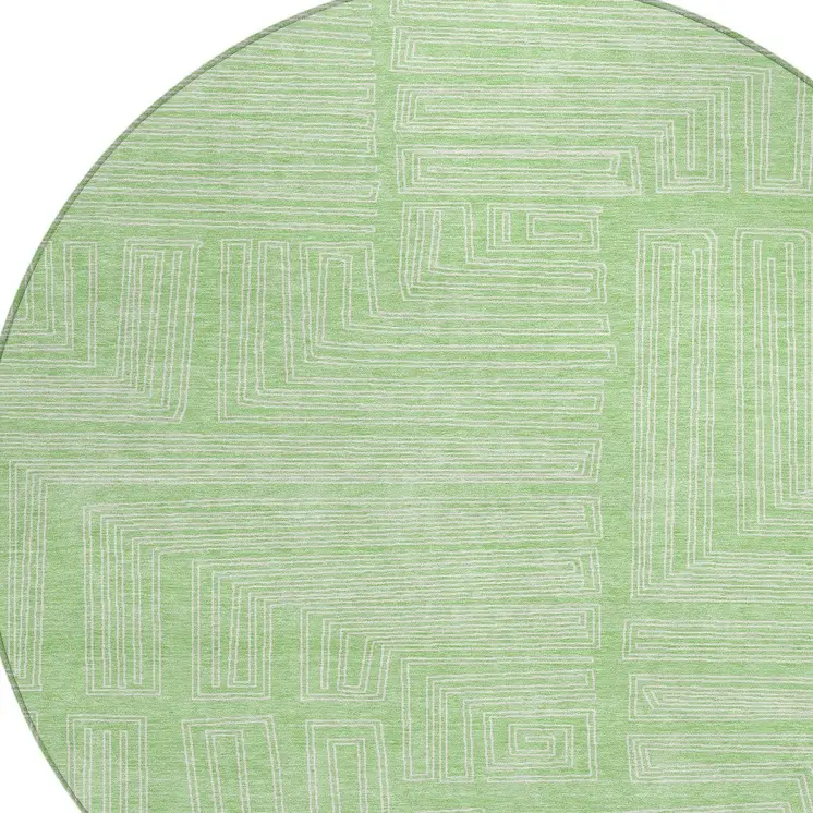 8' Mint Green And Ivory Round Geometric Washable Indoor Outdoor Area Rug