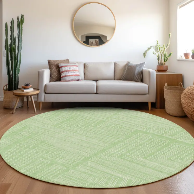 8' Mint Green And Ivory Round Geometric Washable Indoor Outdoor Area Rug